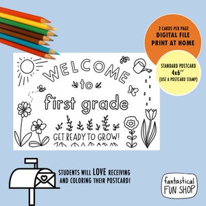 cartão postal para alunos da primeira série do professor IMPRIMÍVEL, cartão postal de volta às aulas, bem-vindo à primeira série 4x7 DOWNLOAD INSTANTÂNEO