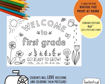 First Grade Welcome Postcard: Coloring Page for Students (4x7, INSTANT DOWNLOAD)