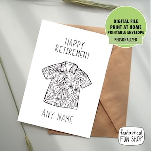 Tarjeta de jubilación IMPRIMIBLE para él personalizada, tarjeta de jubilación de camisa hawaiana para hombre, DESCARGA INSTANTE, son las 5 en algún lugar tarjeta