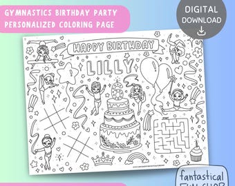 Personalized Gymnastics Birthday Coloring Placemat: Printable Party Activity (Digital Download)