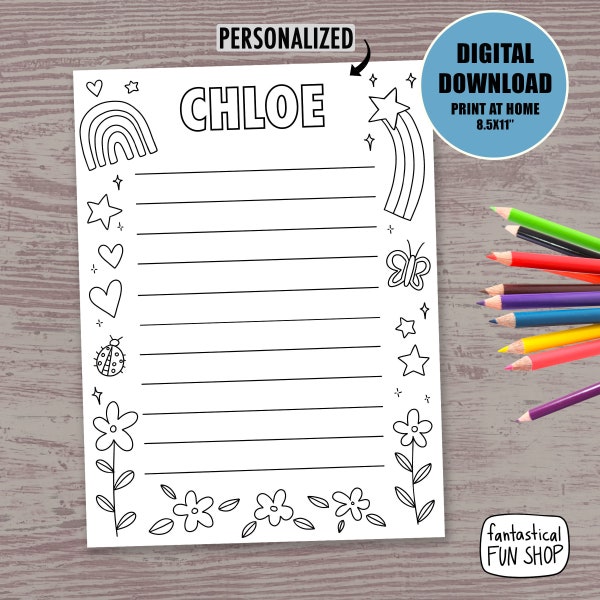 kids stationary PRINTABLE, personalized stationery for child, custom stationary, print yourself paper, lined paper, kids stationery DOWNLOAD