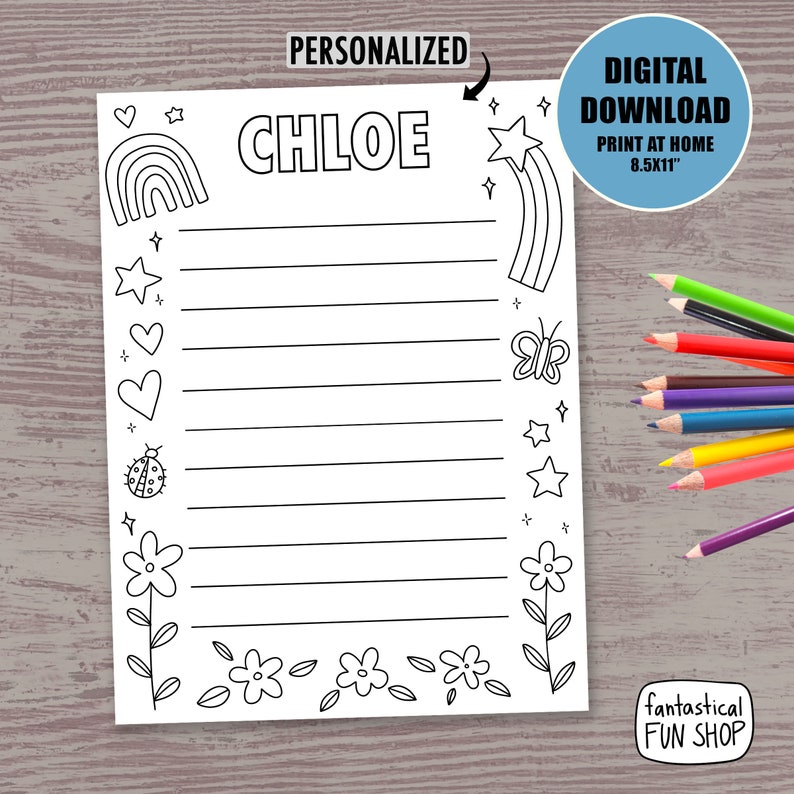 May include: Printable personalized stationery featuring a rainbow, stars, a ladybug, a butterfly, and flowers. The name "CHLOE" is written at the top of the page. The paper is designed for printing at home on 8.5x11 inch paper.