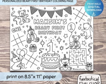 Personalized Beary First Birthday Coloring Page Placemat (Digital Download
