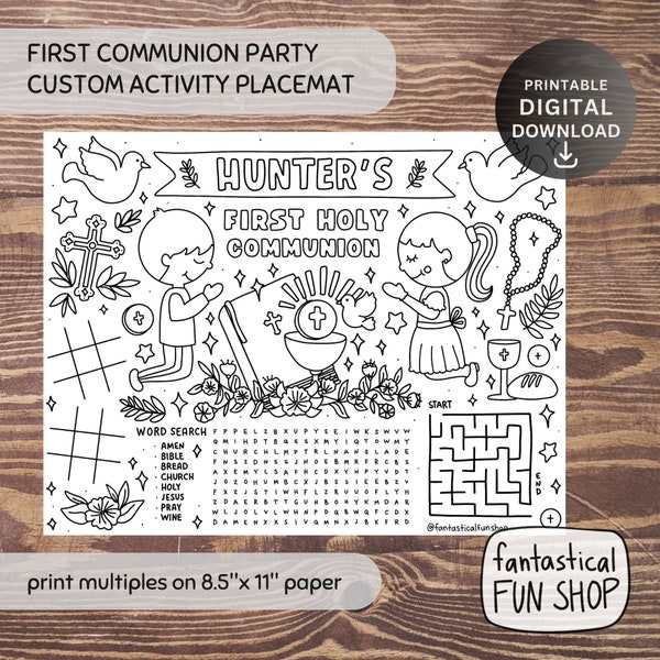 First Holy Communion Coloring Page, Activity Placemat, Custom Personalized Communion Party PRINTABLE Coloring Page, DIGITAL DOWNLOAD