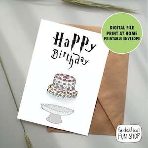 carte d'anniversaire harry potter, gâteau flottant, pouding tante pétunia, elfe de maison ratière, carte geek, carte ringard, TÉLÉCHARGEMENT INSTANTANÉ IMPRIMABLE