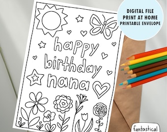 Nana birthday card from grandchild, COLORABLE card from granddaughter, from grandson, PRINTABLE card for nana grandma, coloring card 5x7
