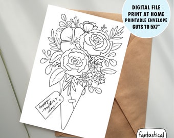 colorable mother's day card, PRINTABLE INSTANT DOWNLOAD, mothers day bouquet card, coloring card, adult coloring card, mothers day printable