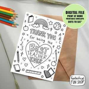 carte de remerciement pour l'enseignant PRINTABLE, carte d'appréciation de l'enseignant de l'étudiant, carte colorable, color me card, kids card INSTANT DOWNLOAD