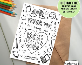 thank you card for teacher PRINTABLE, teacher appreciation card from student, colorable card, color me card, kids card INSTANT DOWNLOAD