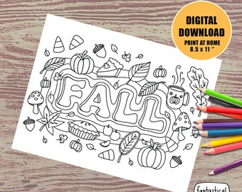 Herbst Herbst Malseite, DRUCKBARE SOFORTIGER DOWNLOAD, Druck und Farbe digitale Malbuch Seite, 8,5x11 '' Erwachsene Färbung, Kinder, Kürbisse