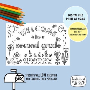 cartão postal para alunos da segunda série do professor IMPRIMÍVEL, cartão postal de volta às aulas, bem-vindo à coloração da segunda série 4x7 DOWNLOAD INSTANTÂNEO