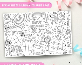 Personalized Rainbow Unicorn Birthday Coloring Placemat (Digital Download, 11x17")
