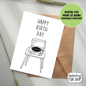 carte d'anniversaire imprimable tourne-disque, 5x7, modèle d'enveloppe, impression à la maison, TÉLÉCHARGEMENT INSTANTANÉ, carte mélomane, carte papa, numérique, classique