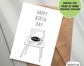 printable birthday card RECORD player, 5x7, envelope template, print at home, INSTANT DOWNLOAD, music lover card, dad card, digital, classic