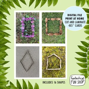 May include: A set of 16 printable shape cards featuring nature-inspired designs. The cards are 4x5 inches and can be printed, cut, and laminated for use in a classroom or at home. The image shows four examples of the cards: a clover flower circle, a pine cone square, a diamond shape made in sand, and a stick house shape.