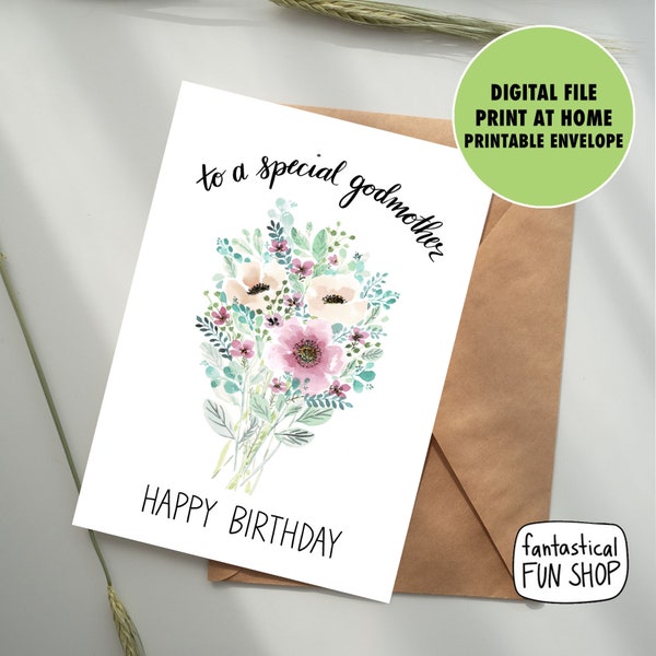 GODMOTHER happy birthday card printable 5x7 INSTANT DOWNLOAD hand painted watercolor flowers bouquet, digital print yourself handmade card
