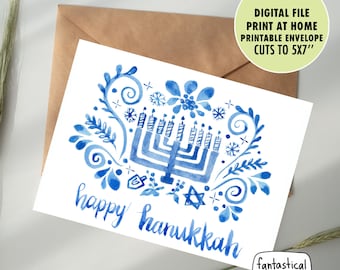 hanukkah card PRINTABLE, chanukah card, watercolor card, menorah card, instant download, cuts to 5x7 card, envelope template included