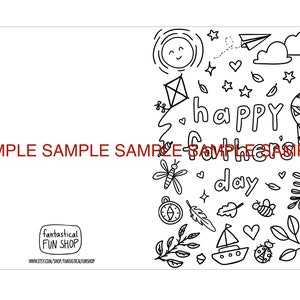 May include: A black and white colouring page featuring the text "happy father's day" surrounded by line art illustrations of a sun, clouds, a paper aeroplane, a hot air balloon, a sailboat, a compass, a dragonfly, a ladybug, leaves, and stars.