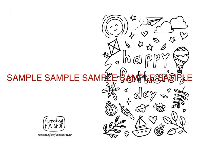 May include: A black and white colouring page featuring the text "happy father's day" surrounded by line art illustrations of a sun, clouds, a paper aeroplane, a hot air balloon, a sailboat, a compass, a dragonfly, a ladybug, leaves, and stars.