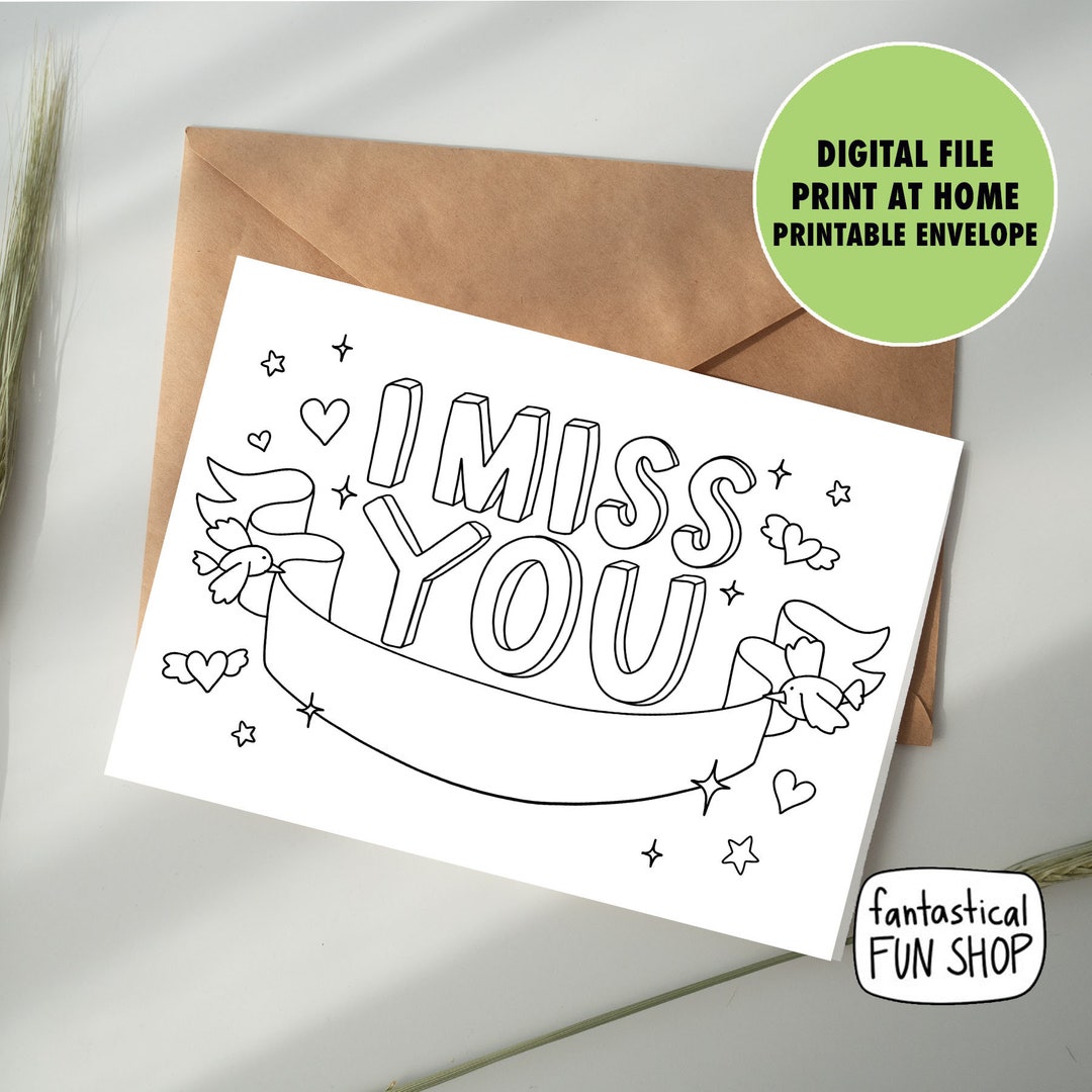 I Miss You Card PRINTABLE Kids Card to Color, Kid Activity, Kids Craft, Grandparent Card, Thinking of You Card, DOWNLOAD Envelope Template - Etsy