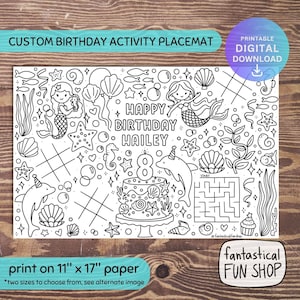 Mantel individual para colorear de sirena para cumpleaños, página de actividades personalizadas para imprimir para fiesta de cumpleaños, actividad para fiesta infantil, descarga digital