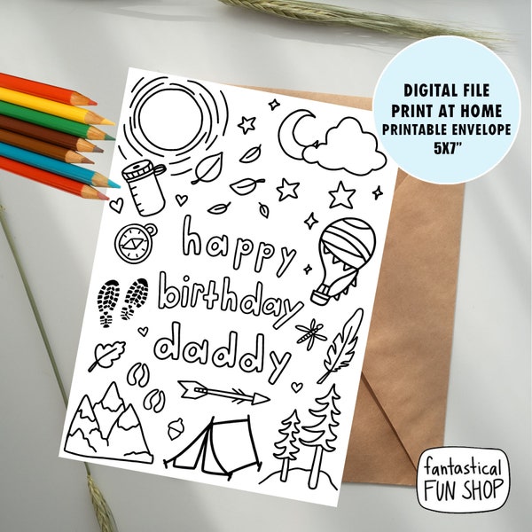 happy birthday daddy PRINTABLE  card for dad from child, print at home and color, colorable card from son or daughter, 5x7 INSTANT DOWNLOAD