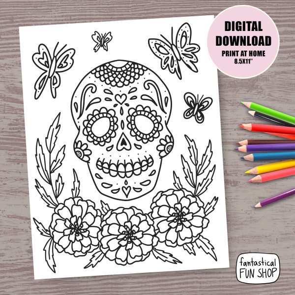 sugar skull coloring page, dia de los muertos activity, PRINTABLE INSTANT DOWNLOAD, print and color, halloween page, 8.5x11''