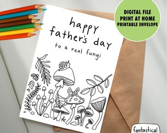 PRINTABLE fungi father's day card from child, colorable card for dad, mushroom forest card, kids coloring card, INSTANT digital download