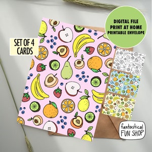 PRINTABLE set of blank greeting cards 4 variations, fruity pattern, hand drawn, illustrated fruits, healthy food, kids card DIGITAL DOWNLOAD