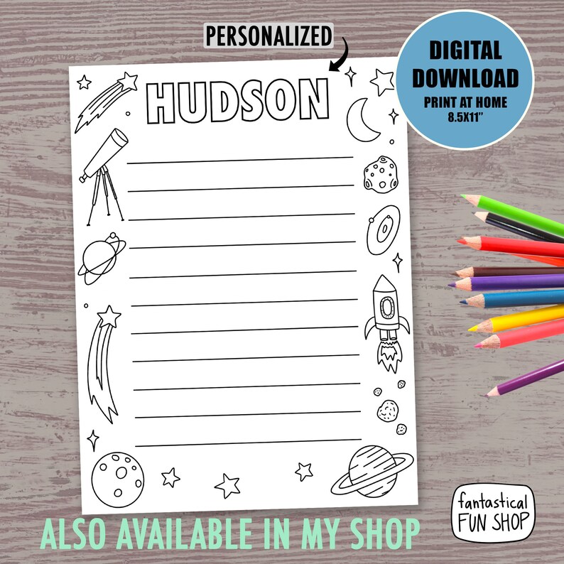 May include: A printable 8.5x11 inch personalized lined paper with a space theme. The paper features a rocket, planets, stars, and a telescope. The name "HUDSON" is at the top of the page. The text "PERSONALIZED" and "DIGITAL DOWNLOAD" are also included.