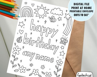 kids colorable birthday card from child, girl birthday card from kid, PRINTABLE little girl card, coloring card, DIGITAL DOWNLOAD 5x7