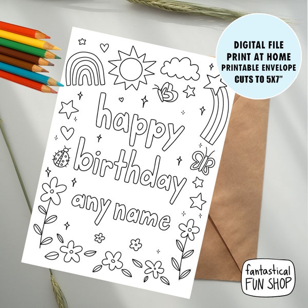 kids colorable birthday card from child, girl birthday card from kid, PRINTABLE little girl card, coloring card, DIGITAL DOWNLOAD 5x7