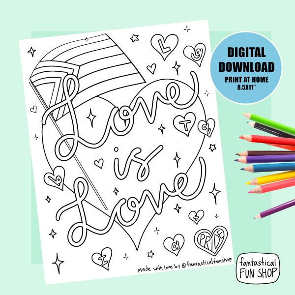 pride coloring page, love is love PRINTABLE coloring page, LGBTQ, gay pride, coloring book, adult coloring, instant digital DOWNLOAD