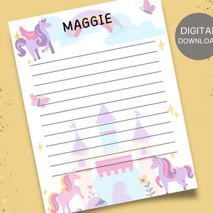 Papelería de unicornio arcoíris, papelería personalizada, papelería PERSONALIZADA para niños, papel de escritura imprimible, papel rayado, DESCARGA DIGITAL