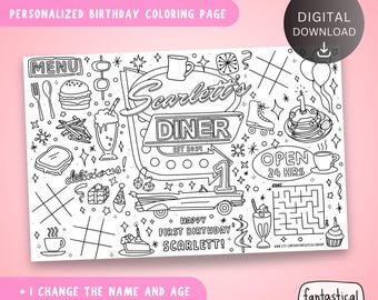 Personalized Diner Birthday Coloring Placemat: Custom Party Activity (Digital Download)