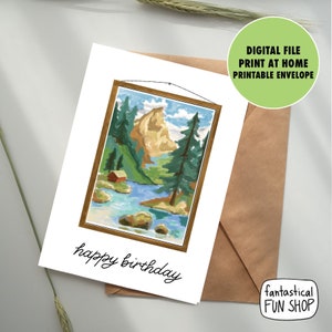 PRINTABLE birthday greeting card, nature lover, landscape painting, paint by number, instant download, outdoors, envelope template 5x7