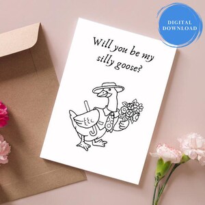 Silly Goose カード、印刷可能なカード、白黒カード、着色可能なカード、5x7 インスタント デジタル ダウンロード