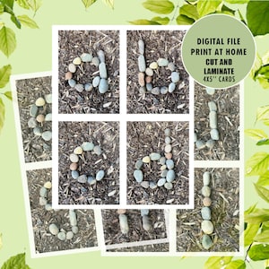 natuuralfabet kleine letters flashcards met rotsenkiezels, natuurlijke bosletters voor klaslokaal, voor school, voor thuisschool, bosschool