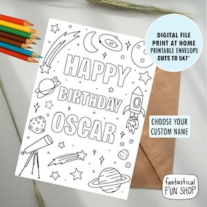 Cartão de aniversário personalizado COLORÍVEL de criança, cartão de aniversário do espaço sideral, cartão de astronauta IMPRIMÍVEL, cartão de colorir com nome personalizado, DOWNLOAD 5x7
