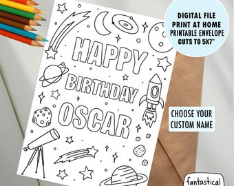 Custom Outer Space Birthday Card: Colorable Astronaut Design (Digital Download)