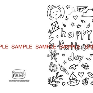 May include: A black and white colouring page featuring the text "happy father's day" surrounded by line art illustrations of a sun, paper aeroplane, clouds, kite, hot air balloon, dragonfly, compass, feather, sailboat, ladybug, leaves, and hearts.