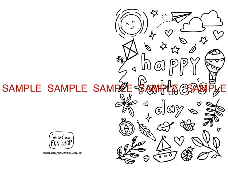 May include: A black and white colouring page featuring the text "happy father's day" surrounded by line art illustrations of a sun, paper aeroplane, clouds, kite, hot air balloon, dragonfly, compass, feather, sailboat, ladybug, leaves, and hearts.