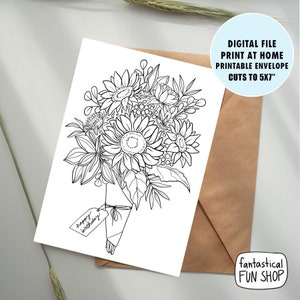 IMPRIMIR y colorear tarjeta de cumpleaños, tarjeta de ramo de cumpleaños de girasol, tarjeta para colorear, tarjeta para colorear, tarjeta para colorear para adultos, DESCARGA DIGITAL instantánea