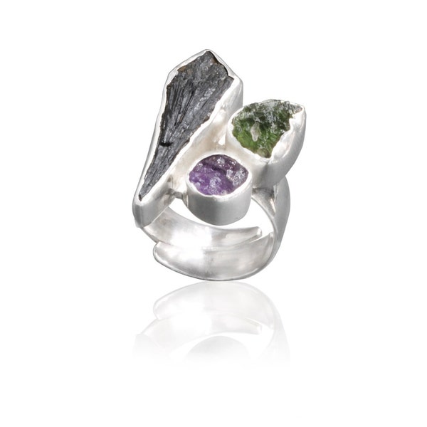 925 Silver Ring with Black Kyanite, Amethyst and Moldavite. Handmade 100% Made in Italy