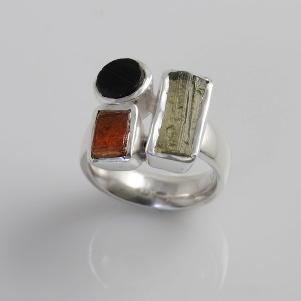 925 Silver Ring with precious stones natural Moldavite, Kyanite orange and black tourmaline. Handmade 100% Made in Italy