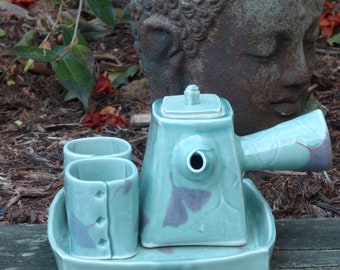 Celadon porcelain hand-built tea set