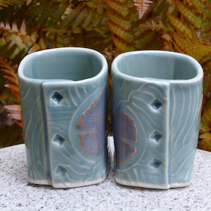 Porcelain espresso cups, celadon with ginkgos