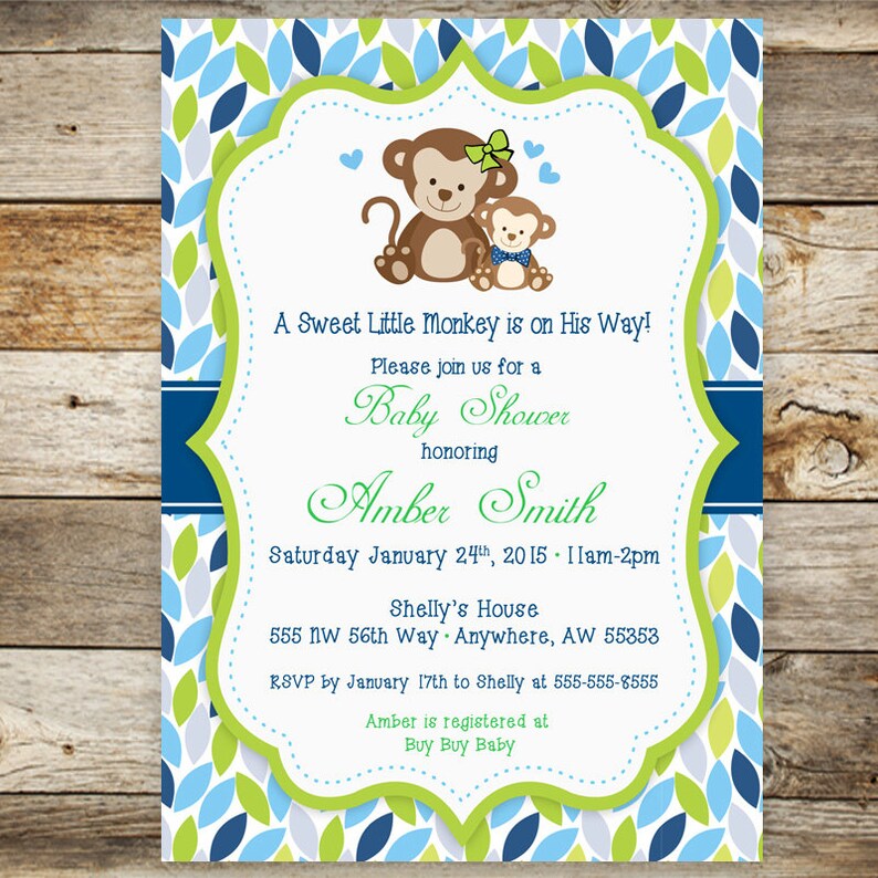 Monkey Baby Shower Invitation Baby Boy Shower Invitation Etsy