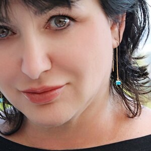 Solid 14K gold threaders with natural turquoise tiny cubes Fine modern jewelry