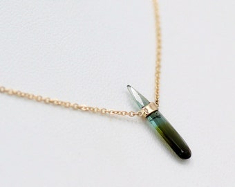 Solid 14k minimalist necklace with unique long teardrop bicolor tourmaline Modern gold jewelry